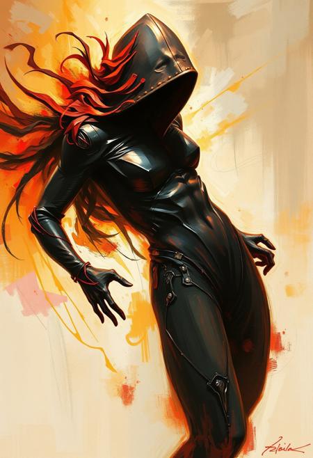 A painting depicting a sleek enigmatic figure in dynamic motion, intense dramatic lighting, high contrast creating tension, blurred lines, and action poses.