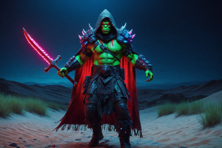 an orc scout made out of RGB Keyboards, with green skin, wearing a hooded cloak, holding a dagger, solo, from the Bloodfang Clan, with red war paint glowing with RGB lights and bone jewelry, a neon battlefield with glowing muddy ground, RGB broken weapons, scattered bones with RGB lights, detailed background, tanning a hide, stretching leather, with RGB lights pulsing, curious, eyes wide, glowing with RGB lights, wide shot, a digital pit fight tournament with orcs fighting, crowds cheering, blood with RGB lights on the ground, two glowing RGB axes with RGB lights, nearby, on a digital sandy dune, shifting sand with RGB lights, neon rain with glowing droplets, RGB lights reflecting, midnight, dark starry sky, moonlight, cool stillness, best quality, vibrant colors, realistic style, high detail, high-definition, hyper-realistic, extremely high-resolution details, fine texture, incredibly lifelike, realistic, not cartoon, not drawing, highres, 4K resolution, source photo, realistic photo, masterpiece, best quality, amazing quality, very aesthetic, ultra-detailed, detailed textures, natural lighting, soft light, cyberpunk neon colors, deep blues, fiery reds, neon glow, vibrant and electric, wide shot, <lora:RGB_Keyboard_themed-000008:1>