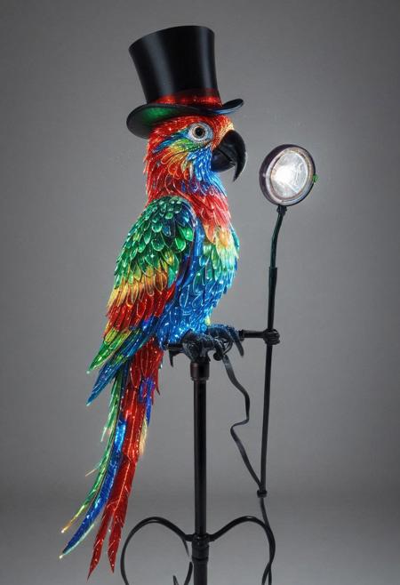 embedding:lazmpos, LED, colorful LED lights, RGB lights, red green and blue parrot, art deco, top hat, cane, monocle,RetroBG