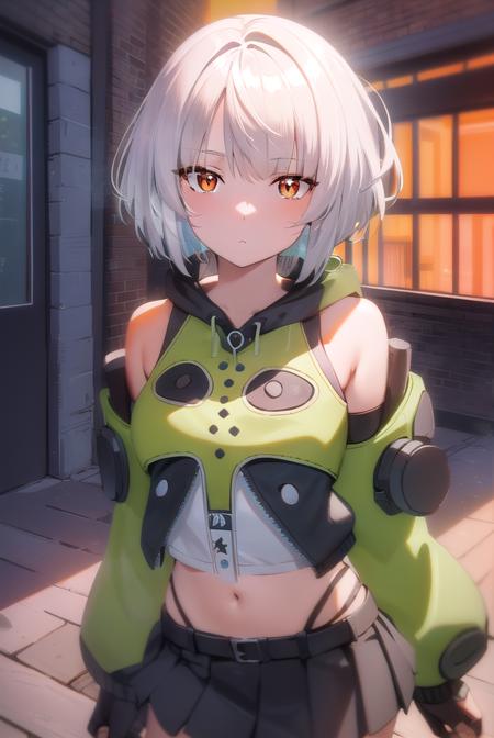 anby demara, (orange eyes:1.5), short hair, white hair, bare shoulders, black gloves, black skirt, black thighhighs, fingerless gloves, gloves, green jacket, headphones, jacket, navel, skirt, stomach, thighhighs,