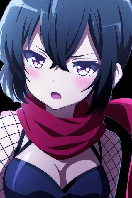 1girl,  solo,  blush,  short hair,  open mouth,  bangs,  simple background,  black hair,  hair between eyes,  purple eyes,  scarf,  black background,  fishnets,  red scarf,  ninja
high quality, best quality, ultra detailed, masterpiece, bare shoulders, <lora:EMS-55971-EMS:0.800000>