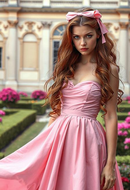 A high quality full body photo of a lithe tomboyish woman in her early twenties with long and flowing auburn hair and grey eyes.
She is wearing a huge billowing pink long strapless dress and a bow in her hair matching her dress.
She is scowling.
The background shows a palace garden.