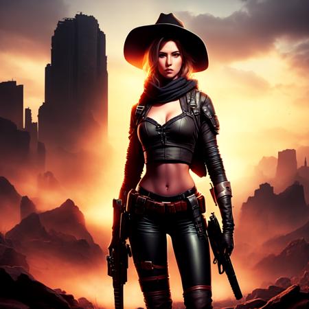 an attractive woman [gunslinger:bounty hunter:0.4] standing in a apocalyptic wilderness (pixelpc style:1) <lora:djzPixelPC_LB2:0.8>