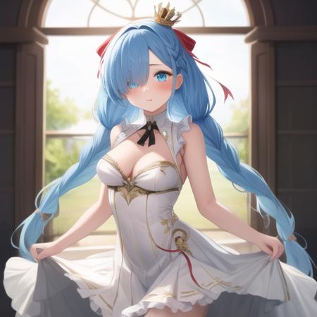 (masterpiece, best quality:1.2),illustration,8k,hd,1girl,solo,cowboy shot,janus (azur lane),blue eyes,blue flower,blue hair,blue rose,blush,braid,frilled dress,frills,hair ornament,hair over one eye,hair ribbon,light blue hair,long hair,medium breasts,mini crown,red ribbon,twin braids,white dress,white legwear,white ribbon,<lora:Janus(azur)>,