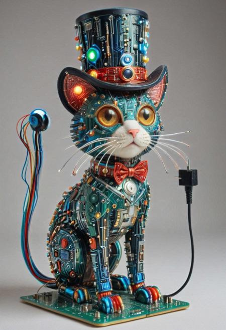 embedding:lazmpos, Transistors, pcb_style, LED, colorful LED lights, RGB lights, red green and blue cat, art deco, top hat, cane, monocle,RetroBG