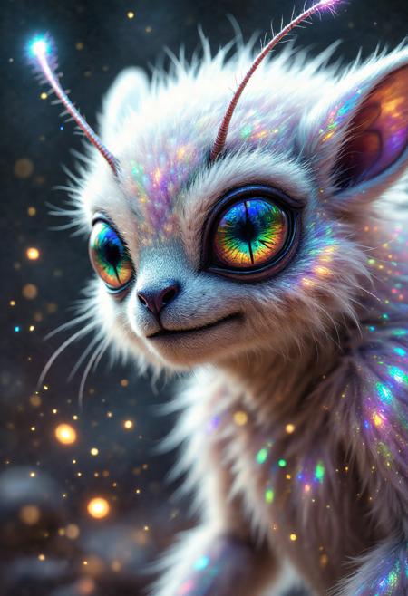 A close-up of a furry alien with shimmering, iridescent fur, antennae twitching with sensitivity, and compound eyes reflecting a spectrum of colors, as tiny glowing particles hover around its body.