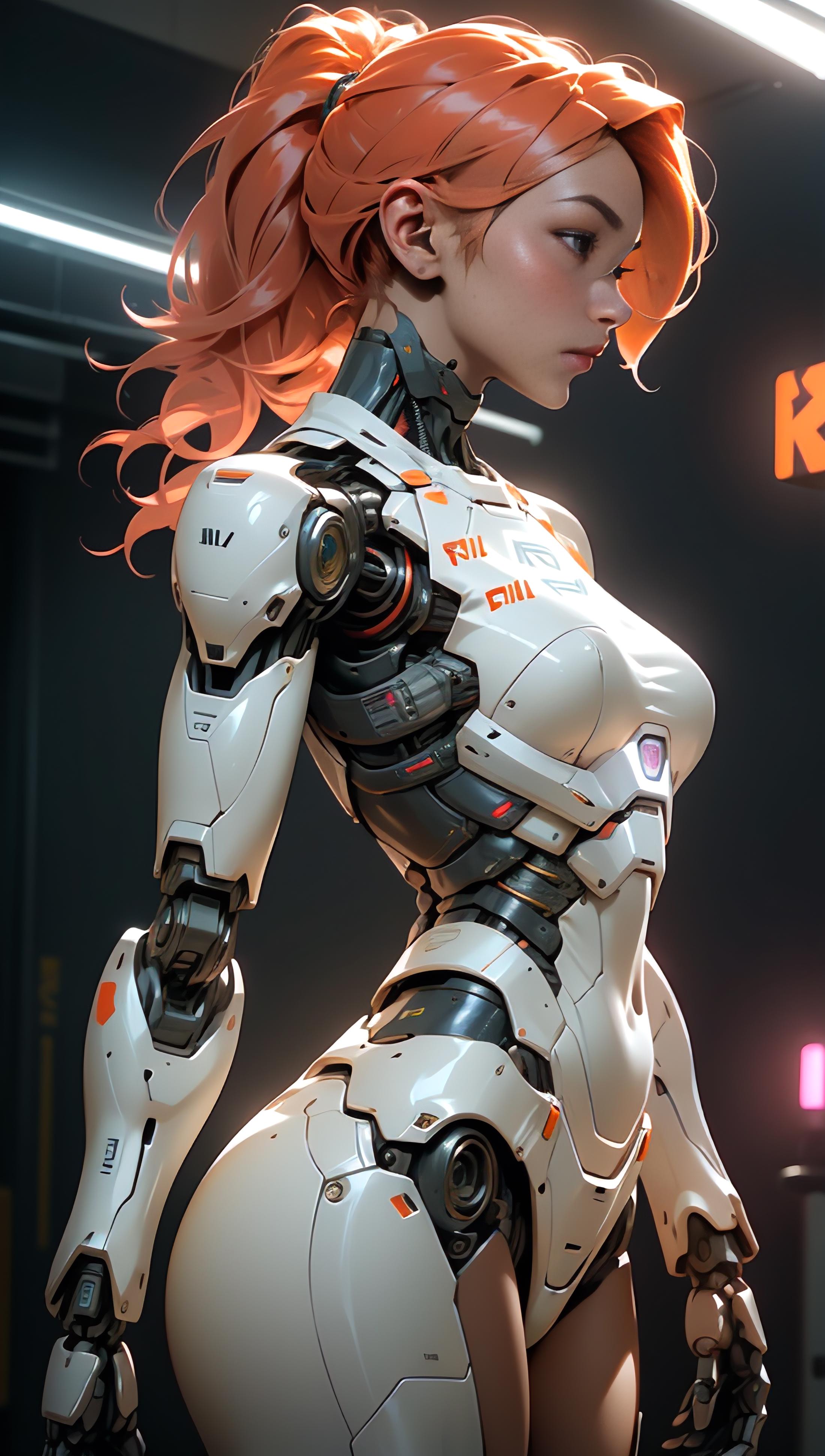 White and Orange Robot Woman with Glowing Eyes and Red Hair.