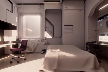 a room with a large window and a bed in it with a burgundy sheet on the floor and a cream line on the wall, Filip Hodas, cgstudio, computer graphics, space art , cyber_room  , cyberpunk ambient, a room