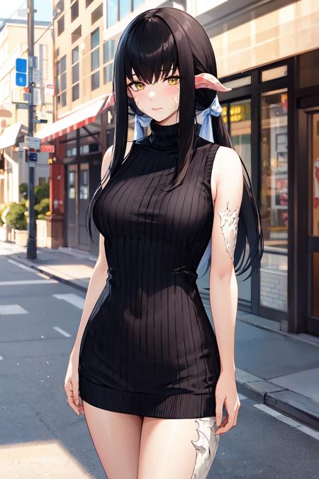 masterpiece, best quality, highres, aayugiri, long hair, black hair, blunt bangs, horns, scales, <lora:yugiri_mistwalker_v1:0.7>, sweater dress, turtleneck, sleeveless, street, standing, cowboy shot,