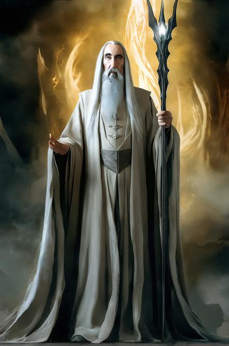 Painterly, (Saruman:1.3) as a Mythical Figure, Sauron as a Shapeshifting Entity, Elaborate and Mystical Attire, Symbolic Elements of Darkness and Light, Ethereal Lighting, Floating and Mystical Pose, Expressive and Sinister Expression, Bold Contrast, Whimsical Composition, Muted and Moody Color Palette, Deep Depth of Field, Brushstrokes Textures, Magical and Translucent Material, Displaying Epic Power