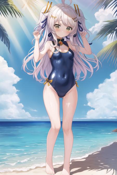 : masterpiece, best quality, (henya), (beach), (sunlight), full body, sad, hands up, <lora:henya-10:0.5>, (onepiece swimsuit), (hair ribbon), (ribbon)