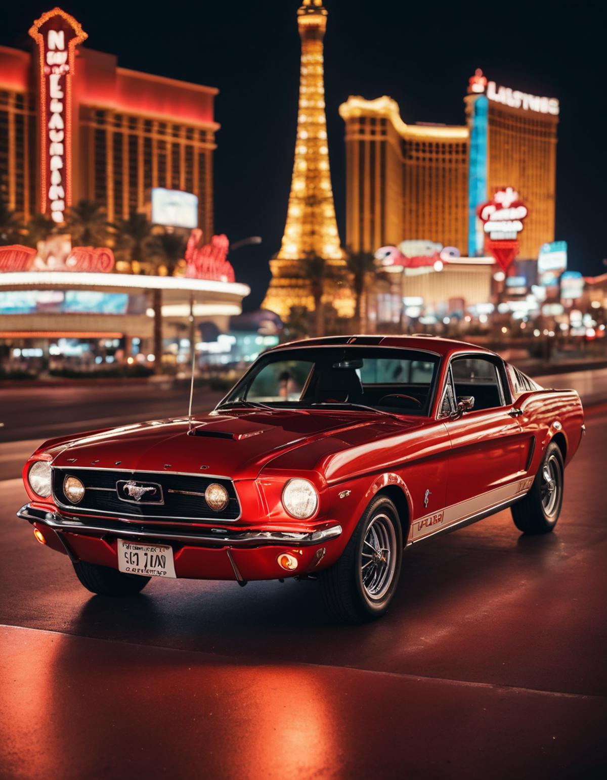Red Mustang on a city street at night with a neon sign in the background.