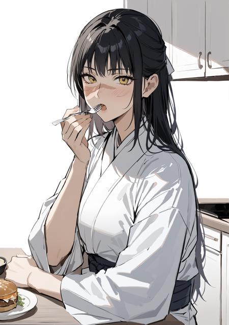 <lora:Utahime-000014:0.8>,Utahime, black hair, long hair, 1girl, white background, japanese clothes, scar on face, simple background, yellow eyes, looking at viewer, bangs, cross scar, white kimono, sitting, table, food, eating, holding fork, kitchen, cowboy shot, :o
best quality, masterpiece,