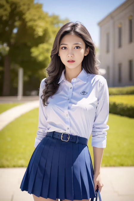 masterpiece, best quality, ultra-detailed, illustration, colorful, depth of field, 
outdoor, park, blue sky with cloud on the background, school uniform, white collared shirt, (grey, pleated skirt)
,1girl, medium breasts, exposing cleavage, wavy hair,  detailed skin texture, detailed cloth texture, beautiful detailed face, <lora:notnot:0.85>