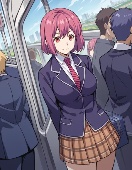 <lora:hisako-arato-s1-ponyxl-lora-nochekaiser:1>, hisako arato, short hair, red eyes, pink hair, large breasts, skirt, school uniform, jacket, pleated skirt, necktie, striped, plaid, plaid skirt, blazer, striped necktie,