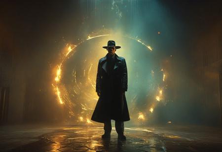 score_9, score_8_up, score_8_up, ((Cinematic composition)),((masterpiece)), (resplendent highlighting), 8k. 
1 man, a cyber mystic detective, (full body) stands on the ledge of a rooftop in a futuristic city. (camera angle from above), he wears futuristic clothing (trench coat and hat), ((full body)) his long trench coat moving as if on fire. (resplendent spotlight on his face). Ominous chaotic atmosphere. Glowing tattoos fly off and circle arounds him. 
Break
double exposure. 3 holograms of women appear next to him, semi-translucent. A splash of paint explodes on the floor by the horses.  dynamic electric atmosphere. Sunny day with a few clouds. 
Ink, Charcoal and watercolours. impressionistic. (Klimt :1.2) dadaistic collage (by Bill Sienkiewicz:1.5). brilliant spotlight effect. Vibrant thick dripping paint. Intense detail, realistic, dynamic shadows and contrasts. Matte and faded background colours.surreal, intense colors, liquid, unreal parts, alluring, fluid, perfection, gothic. (Luminous skin dynamically highlighted), Illustration, (klimt:0.8) (Bill Sienkiewicz:1.5). maximum detail, Chinese watercolor and ink technique. Gold leaf highlights.
