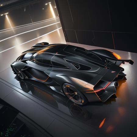 1 supercar,hypercar design concept, simplest form, wide and muscular volume,science fiction, orange jet-black satin paint,  rainy day, lens flare, blur background, reflective ground, cardesign world, car design trend 2023, rear 45 degree view,bird view, thrusters, shiny led bar lights