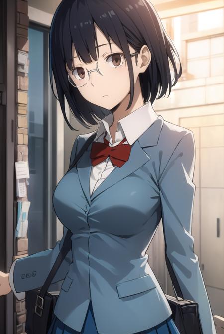 anrisonohara, <lora:anri sonohara s1-lora-nochekaiser:1>,
anri sonohara, short hair, black hair, (brown eyes:1.3), glasses, bob cut,
BREAK skirt, school uniform, shirt, white shirt, collared shirt, blazer, blue blazer, bow, red bow, blue skirt,
BREAK indoors, classroom,
BREAK looking at viewer, (cowboy shot:1.5),
BREAK <lyco:GoodHands-beta2:1>, (masterpiece:1.2), best quality, high resolution, unity 8k wallpaper, (illustration:0.8), (beautiful detailed eyes:1.6), extremely detailed face, perfect lighting, extremely detailed CG, (perfect hands, perfect anatomy),