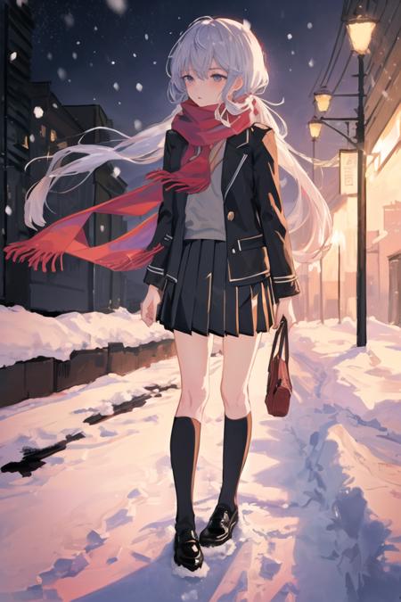 art by Cornflower, dreamy, full body
(1girl, black_hair, black_jacket, black_legwear, black_scarf, black_skirt, breath, brown_footwear, building, city, cityscape, fringe_trim, grey_scarf, jacket, kneehighs, light_particles, loafers, long_hair, long_sleeves, night, outdoors, pink_scarf, pleated_skirt, purple_scarf, red_scarf, scarf, school_uniform, shoes, skirt, sky, skyscraper, snow, snowflakes, snowing, solo, standing, star_\(sky\), starry_sky, twintails, very_long_hair, winter, winter_clothes)