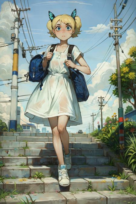 1girl, blonde hair, solo, sky, dress, outdoors, power lines, cloud, bag, blue eyes, day, scenery, twintails, stairs, short hair, sunlight, shoes, white dress, bug, blue sky, utility pole, sneakers, backpack, butterfly