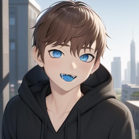 Masterpiece, Best Quality, ArnasAtakiyo, solo, looking at viewer, (smile:0.6), blue eyes, city, brown hair, 1boy, open mouth, male focus, detailed background, portrait, :3, hand on chest, black hoodie, best quality face, beautiful eyes, colored tongue, blue tongue, fangs