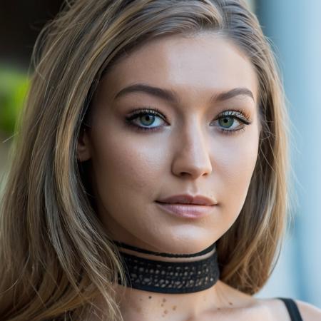 Super high res closeup portrait photo skin texture of a stunning young woman wearing a very small choker,f /2.8, Canon, 85mm,cinematic, high quality, skin texture, looking at the camera,  <lora:gihadid_xl_1_standard-000094:1.0>