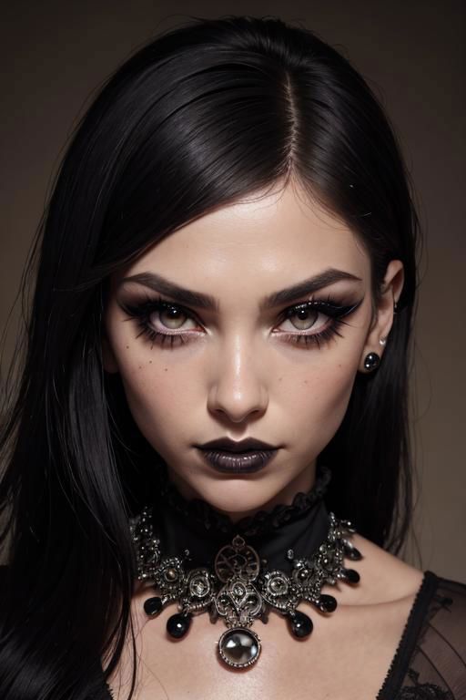 A close-up of a woman with black hair, wearing dark makeup and a necklace, staring into the camera.