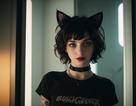 (analog photo:1.1), (a punk catgirl:1.15), (cat ears:1.1), white short curly hair, (20 years old, young:1.2), petite, (pubic hair:1.1), choker, black eyeliner, european, cozy bedroom, (neon glow, cyberpunk:1.2), waves, warm colors, (inviting expression:1.05), RAW Photograph, dslr, soft lighting, high quality, film grain, Fujifilm XT3, (nsfw:1.1), insane details, masterpiece, 8k, 35mm photograph, dslr, kodachrome, vignette, vintage, Kodachrome, Lomography, stained, highly detailed, found footage,
green eyes, black lipstick, 
black t-shirt, bottomless,