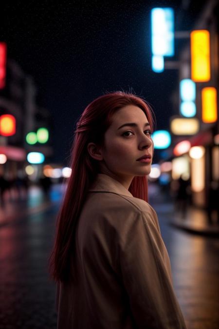 dramatic, high contrast, back lighting, Redhead, 19 year old woman , with glowing halo, wearing a wolverine mask,
The haio light is shinning on her hair 
looking over her shoulder back at the ciewer
rain wet street with warm neon lights reflecting
night time