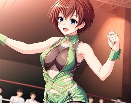 short hair, blue eyes, brown hair, shorts, midriff, wrist cuffs, fishnet pantyhose, green shorts, see-through shirt, green shirt, Mimi Yoshihara,sleeveless, 