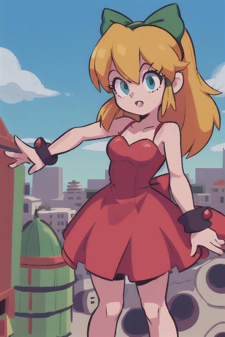 <lora:Roll3D:1> Roll3D 1girl,red dress, green bow, blonde hair, blue eyes, in city ruins with a blaster, scene from megaman