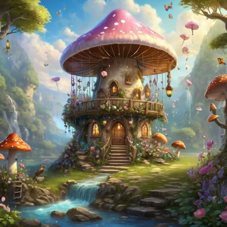 trending on Artstation, cute fantasy dreamcatcher "dream catcher", detailed digital painting, highly detailed, surrealistic, digital painting, concept art, sharp focus, no watermarks, owl, birds, butterflies, cute fantasy cartoon, flowers, swirls, pearls, feathers, "strings of pearls", woodland, mushrooms, cute fantasy fairy butterflies, cute fairy birds, water lilies, elf, elves, roses, peonies, dandelions, fairy woodland, forest, cute, fantasy, swirl, fairy flowers, fairy mushrooms, fairy trees, meadow, field, lanterns, candles, light, as artstation style, fairy fantasy, unicorns, fairy fantasy owls, lake, water, raindrops, waterstream, waterfall, water gopple, water gobble, soap bubbles, huge mushrooms, houses, huts, fantasy fairy girls, people, humans, lampposts, lamp posts, water fountain, fairyland portal, portal to fairyland, huge mushrooms,