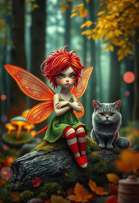 A whimsical fantasy scene featuring a grumpy yet beautiful fairy with vibrant, tousled red hair, dressed in a green dress and red-and-white striped stockings. The fairy has translucent, shimmering wings tinged with orange and pink and sits on a moss-covered log. Beside her is a grumpy, fluffy grey cat. The background is a mystical forest with ethereal light filtering through tall trees, adorned with bright green leaves and glowing mushrooms. Soft, colorful bokeh lights float around, enhancing the magical ambiance. Both fairy and cat have expressive, slightly annoyed facial expressions. The overall color palette includes warm autumn hues, with rich greens, reds, and golds in the foreground, contrasting with the cooler, muted tones of the woodland background.  The scene has a playful yet slightly melancholic feel, combining lively details with soft, dreamlike textures.