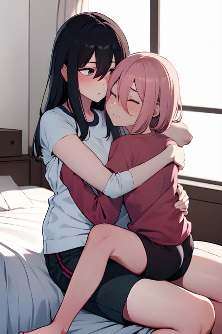 , best quality, absurdres, highres,  (2girls), (yuri),  pink_hair, black_shorts, blush, black_hair, closed_eyes, covered_mouth, facing_another, grey_eyes, gym_shorts, hair_between_eyes, hug, knees_up, long_hair, long_sleeves, looking_ahead,  print_shirt,raised_eyebrows, shirt, shorts, sidelocks, simple_background, sitting, straight_hair, thighs, white_shirt, bed, bedroom, indoors