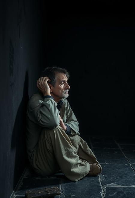 a dark room with walls and floor of solid black stone. the room is damp and cold and dark. a man sits against a wall on the left side staring ahead toward the right side of the photo. his hand is raised to his head holding his head and running his fingers through his hair. he wears old and tattered clothes. he has dark circles under his eyes to show his weariness. his hair is messy. he looks aged from the struggle of his life. it is a dark and grim image that portrays the depth of pain felt by depression.