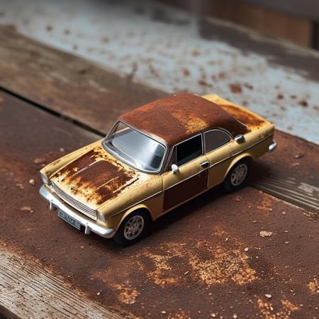 cinematic photo plastic old toy car, on wooden table, simple background, pbr texture, grit, stains, rust <lora:Grit-SDXL:1.5> . 35mm photograph, film, bokeh, professional, 4k, highly detailed