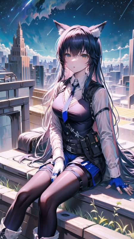 1girl, texas (arknights), solo, animal ears, long hair, pantyhose, pantyhose under shorts, blue gloves, shorts, black hair, black vest, boots, black pantyhose, full body, gloves, wolf ears, shirt, necktie, white footwear, long sleeves, fingerless gloves, blue necktie, vest, white shirt, wolf girl, collared shirt, sitting, alternate costume, brown eyes, breasts, bangs, blue shorts, jacket, texasalterpenguinL, <lora:TexasTheOmertosaV2.0:0.8>, full body, sitting on ground, night sky, rooftop, cityscape, city lights, bright lights, stars, starry sky,