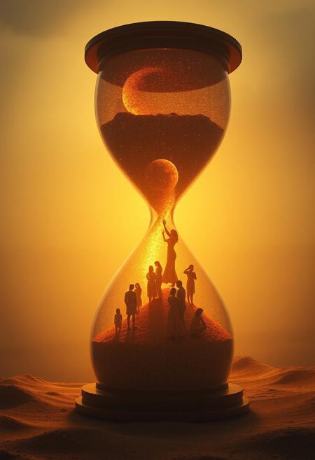 (large hourglass), surreal scene, (women transforming into hourglass sand), dynamic flow of people transforming into sand particles as they pass through the hourglass, ethereal atmosphere, magical realism, intricate details, warm gold tones fading into deep browns, soft glow illuminating the hourglass, expansive background, contemplative mood, mystery, enchanting visuals, high detail, 4K quality.