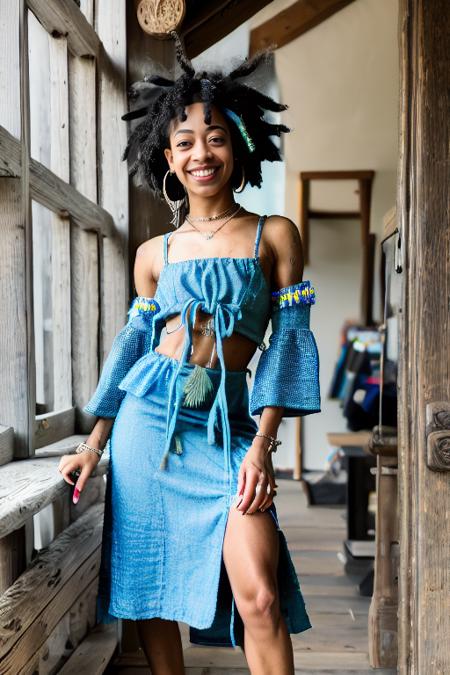 a portrait photo of ChynaUniq, smiling, blue dreads, ((((folk dress)))), Ukrainian dress, pronounced feminine feature, insane details, intricate details, hyperdetailed, complex background, medieval tavern, indoor, in the style of greg fredericks