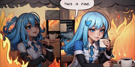 Highly detailed, High Quality, Masterpiece, beautiful, IncrsThisIsFineMeme, <lora:ThisIsFineMeme:1.2>, 1girl, solo, fire, mug, Twitter-chan, hair ornament, white shirt, black long-sleeve shirt, layered sleeves, necktie, blue skirt, <lora:Char_Meme_Twitterchan:0.8>