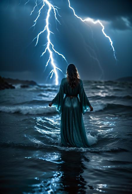 cinematic film still <lora:Abstract Concept-water-000004:0.4>,water concept art,water,standing_on_water, fantasy, waves, lightning, outdoors, humans, cloudy, background, scenery, sparkling aura,, dark flowing robe . shallow depth of field, vignette, highly detailed, high budget, bokeh, cinemascope, moody, epic, gorgeous, film grain, grainy