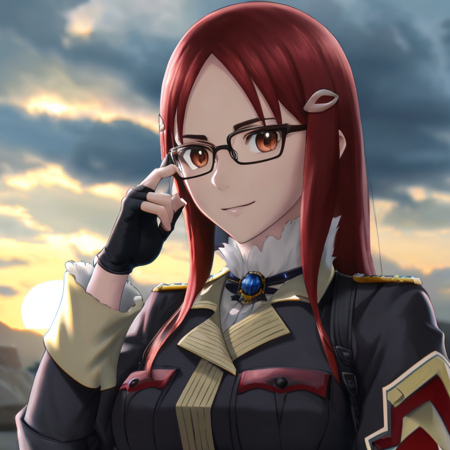 minerva_vc, looking at viewer, smile, large breasts, hair ornament, upper body, black gloves, hairclip, fingerless gloves, uniform, military, military uniform, adjusting eyewear, BREAK sunset, cloud, (masterpiece:1.3), (extremely_beautiful_detailed_anime_face), (dynamic lighting:1.21), (indirect light:1.3), depth of field, chromatic aberration, cinema camera, dynamic angle,