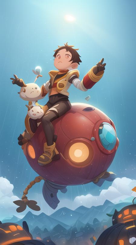 baozi,
a robot and a girl are flying in a Whales with a dog on it and a cat on the box, 
leaves, Whales, robots, riding, flying in the air, balloons, 
Clouds, seagulls, blue sky, grasslands, 
Green background, yellow theme,
masterpiece, best quality,8k wallpaper,Cinematic Lighting, virtual_youtuber,
simple style, simple background, cyberpunk, Graphic Design,Futuristic, Metallic, Robotic, Sci-fi, Technological, Augmented, Hyperrealistic, Anatomical, Elegant,light particles, energy sphere, light particles,beautiful detailed glow, rain, detailed lighting, anime,highly detailed painted,award winning glamour paintting,wonderful paintting,art style,stylized,