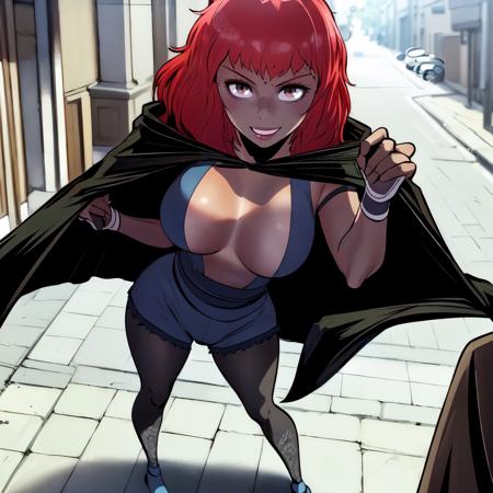 hayeon with red hair,skimpy dress, stockings, shoes, cape