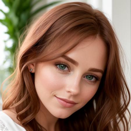 A stunning portrait of a beautiful red-haired woman, viewed from the front. Her face is framed by soft, flowing locks of hair that cascade down her shoulders. Her delicate features are accentuated by the gentle light that falls on her face, highlighting the curve of her cheekbones and the arch of her eyebrows. Her eyes are a deep shade of green, with a hint of mischief and playfulness in them. The corners of her lips are slightly upturned, giving her a subtle smile that adds to her charm. The skin on her face is smooth and flawless, with a natural glow that radiates from within.