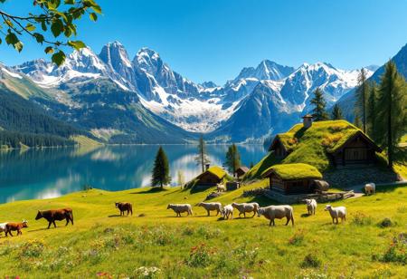Ultra realism, high quality, high resolution 8K and above, stable and accurate focus, ultra correct anatomy, super detail. A beautiful mountain scene with tall snow-capped peaks reflected in a crystal clear lake. In the foreground are green meadows dotted with wild flowers of various colors. Included in the landscape are houses built of stone and wood, architecturally designed to blend in with nature. The roofs of the houses are covered with thick grass and colorful flowers. Cows roam the meadow, and a flock of sheep, led by shepherd dogs, graze around. The trees around the houses are tall and green, with leaves that cast shadows on the houses. The sunlight illuminates the landscape, creating a warm and welcoming atmosphere.