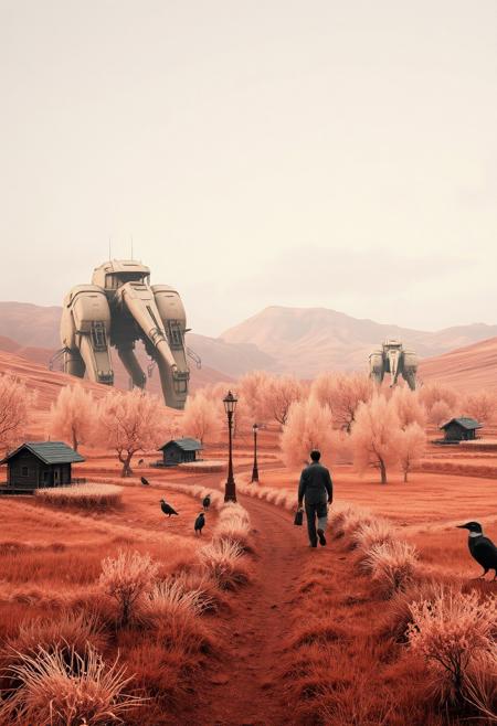 Infrared cinematic portrait, surreal realism, pastoral landscapes, futuristic elements, giant machines, muted color palette, historical setting, mystic enchanting environment, dreamlike atmosphere, otherworldly ethereal quality, gentle color contrasts.