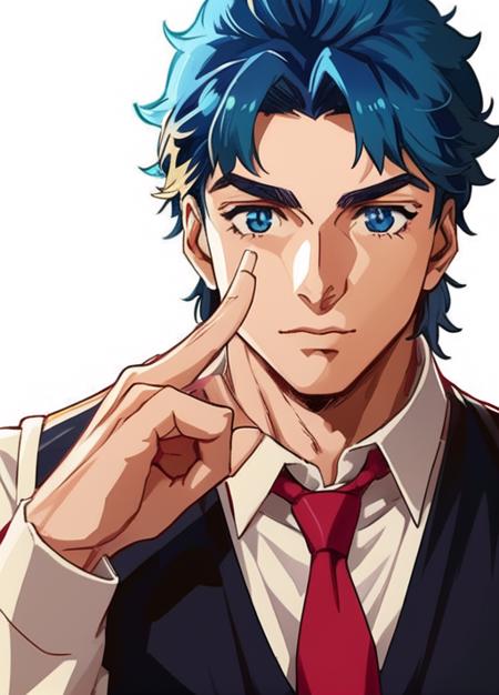 18 years old, ((anime)), solo, 1boy,  (jonathanjojo with perfect face, pretty eyes, perfect hands), wearing (vest) and necktie, cute, young, (male focus),detailed blue hair, skin, [perfect body], ((detailed facial features)), cinematic lighting ,  digital art <lora:jonathanjojo:1>, fullbody, pants, 90's anime, classic, ascot, cute , simplistic, muscular, chest