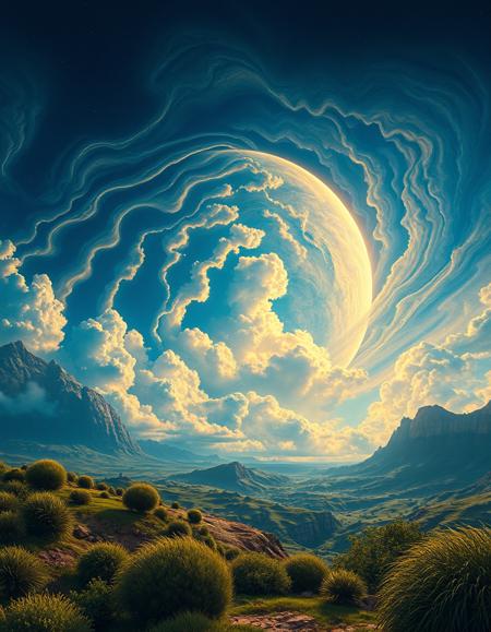 illustration of jupiter clouds by dan mumford, alien landscape and vegetation, epic scene, a lot of swirling clouds, high exposure, highly detailed, realistic, vibrant blue tinted colors, uhd photo photorealistic photography photograph photographic realistic hyperrealistic
