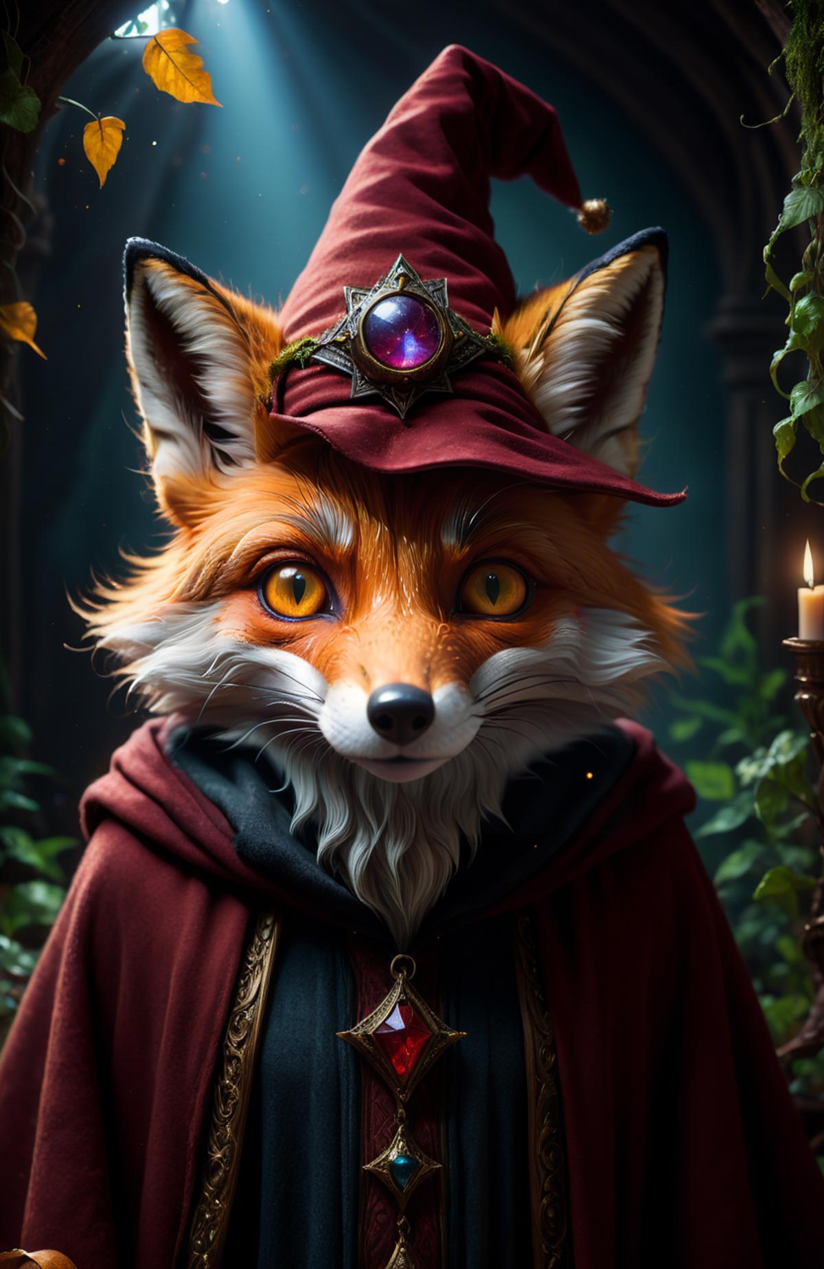 A fox wearing a wizard's hat and cape, standing in front of a green plant.
